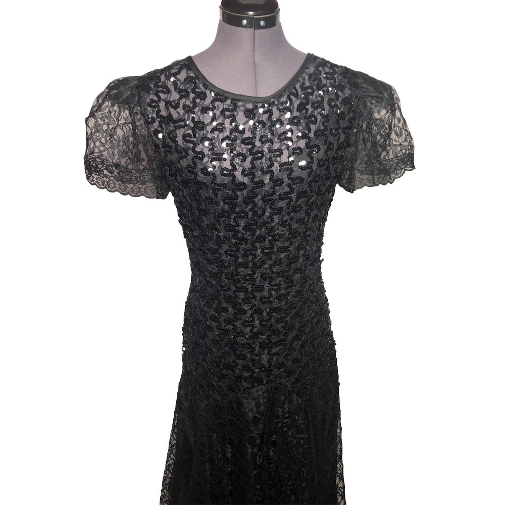 Vtg 90s Goth Lace Sequin Dress Black Whimsygoth Witchy 39-33-39 DAMAGED/STAIND L - Picture 4 of 15